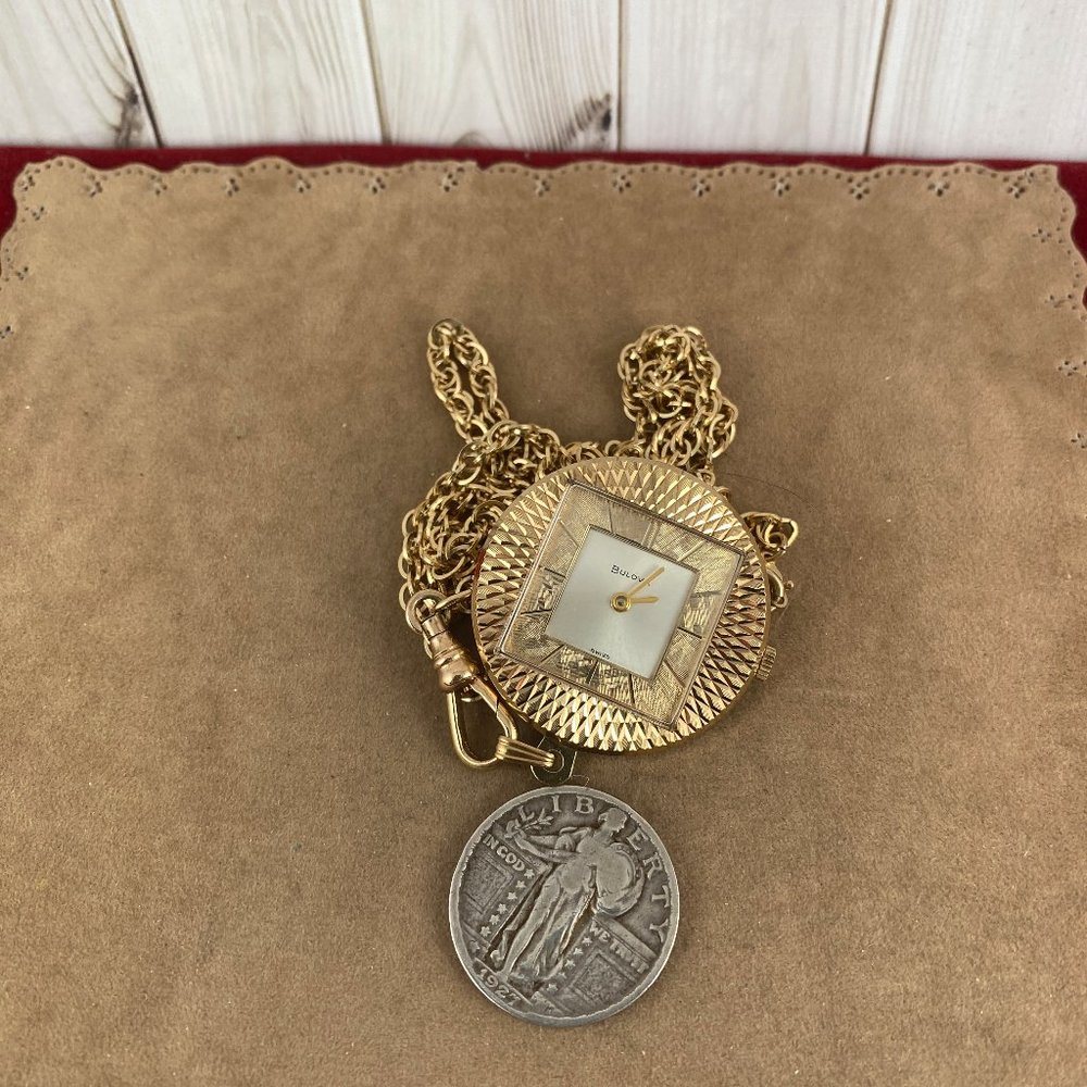 Vintage Bulova Pendant Watch 1.25 inch Square Face on Round Bezel Gold Plated - Picture 3 of 6